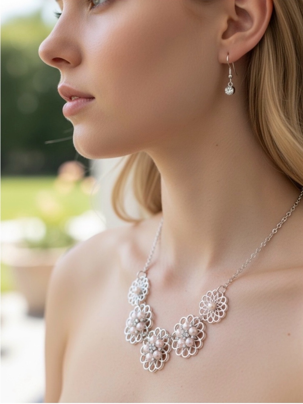 Elegant Silver Floral Statement Necklace & Earrings Set with Pearl Accents